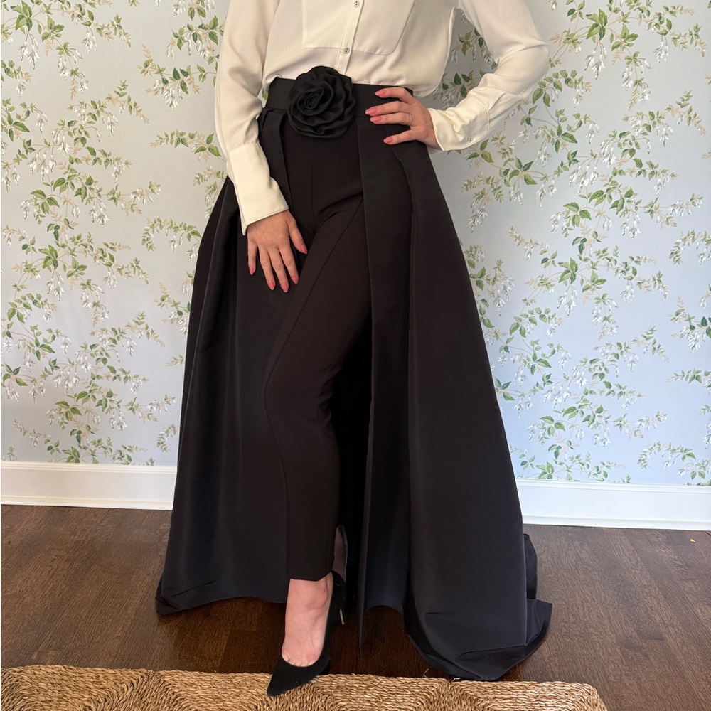 Carolina Herrera High Rise Straight Leg Pants with Attached Ball Over Skirt